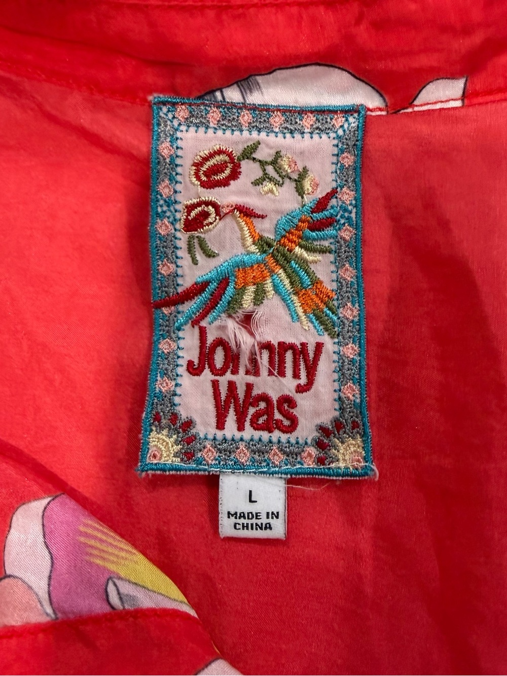Johnny Was Silk Woven Red Floral Collared Button-Up Blouse 3/4 Sleeve L - Picture 10 of 10
